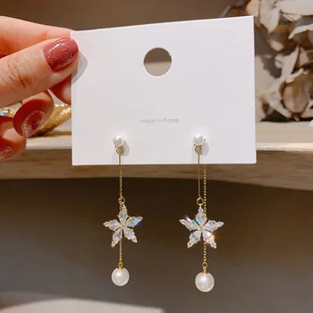 14K prawdziwe złoto delikatne biżuteria kwiat kolczyki pręta dla kobiet elegancki sześciennych Cyrkon długie kolczyki z perłami