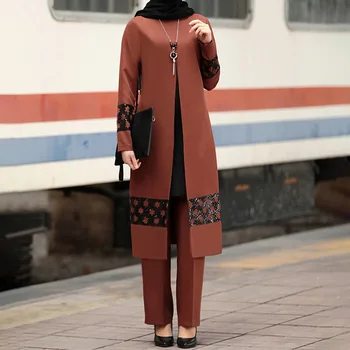 2020 Patch Projekt Szyfon Muzułmańskie Kobiety Długie Topy Islamskie Zestawy Kobiet Muzułmańskich Spodnie Ramadan Modlitwa Odzież 2 Szt. Zestaw