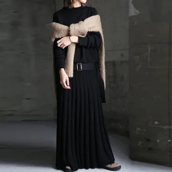 2021 Kobiety Długie Sukienki Eleganckie Biuro Panie Sweter Wysoka Talia Linia Koreańska Przyczynowe Sukienki Retro Schludny Vestidos Czarny