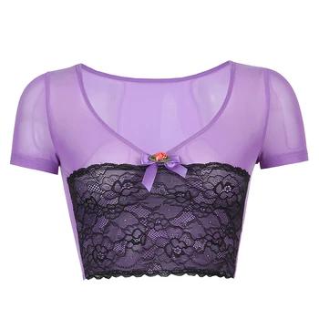 2021 Sexy Gothic V neck patchwork krótka koszulka Damska odzież uliczna krótkie topy szczupły łuk Y2K letnia fioletowa koszula z krótkim rękawem