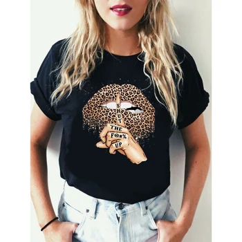 90 Harajuku Top Cotton T Shirt Womens Clothing Leopard Lip-printed Tshirt Camisetas Mujer Summer Short Sleeve Tee Tops Female