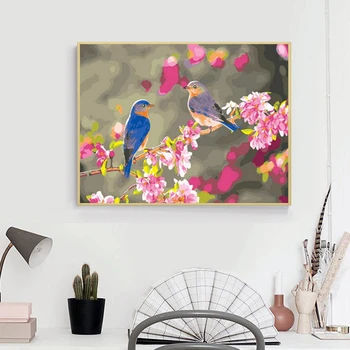 AZQSD DIY Unframe malowanie według numerów kwiaty obraz do salonu dekoracji wnętrz malowanie według numerów ptaki wyjątkowy prezent