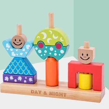 Edukacyjne Zabawki Drewniane Słońce I Księżyc, Dzień I Noc Słup Bloki Wczesnego Uczenia Się Dzieci Dzieci Urodziny, Prezent Na Boże Narodzenie