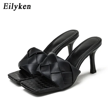 Eilyken Fashion Weave PU Leather Womens Slipper Square toe High heels kapcie sandały letnie panie slide Dress party shoes
