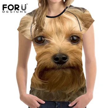 FORUDESIGNS Funny 3D Animal Yorkshire Terrier Dog Printing Damska koszulka Kulturystyka dziewczyny O neck letnia koszulka z krótkim rękawem topy