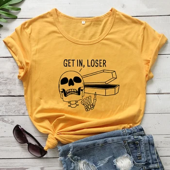 Get In Loser Skeleton t-shirt unisex z krótkim rękawem Hipster Grunge koszulka zabawne kobiety graficzny trumny czaszka Letni top koszulka