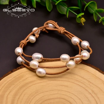 GLSEEVO handmade naturalne perły bransoletka multi skóra dla kobiet Ślub vintage, biżuteria Pulsera Cuero De Negro Rock GB0165