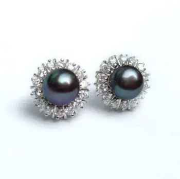 Gorących bubla new - 8-9mm Black Natural Pearl Earring Crystal AAA Grade