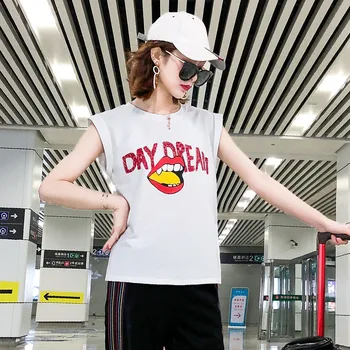 Hiawatha biały bez rękawów koszulki damskie litery drukowany projekt topy koszulki letnie koreańskie temat t-shirt TX016