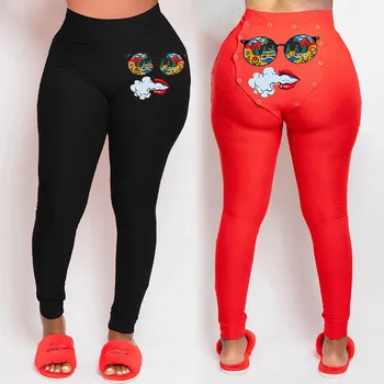 Hip-lifting Sport Pencil Pants New 2021 Hot Spring Sale Woman Fashion Butt Flap Button Spodnie High Waist Funny Printed