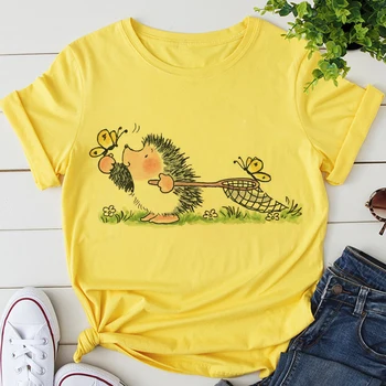 Jeżyk i dziki kwiat graficzny print t-shirt kobiety 2020 Nowa letnia moda t-shirt Harajuku estetyczne żółte bluzki t-shirt Damski