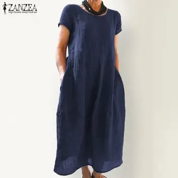 Kobieta lniany sukienkę z krótkim rękawem tunika Vestidos ZANZEA 2021 letni dzień sukienka do połowy łydek damska Plisowana koszula szlafrok rozmiar plus