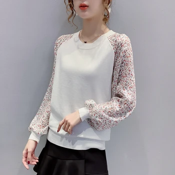 Kobiety Temat Drukowane Białe Bluzki 2020 Damska Z Długim Rękawem Bluzka Czarny Patchwork Topy Koreańskiej Odzież Casual Bluzka Z Dzianiny
