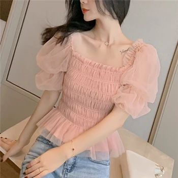 Koreański Modne Ubrania Letnia Nowa Elegancka Netto Bluzka Damska Odzież Uliczna Blusas Mujer De Moda 2021 Puff Sleeve Pink Tops 10026