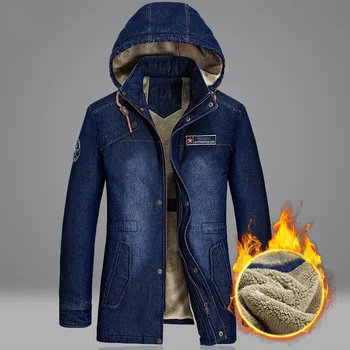 Kurtka zimowa męska jeansowa kurtka średniej długości plus aksamit grube ciepłe kurtki z czystej bawełny płaszcz z kapturem męska wiatrówka M-5XL