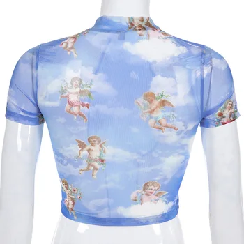 NCLAGEN Women Fashion Cute Angel Print Mesh T shirt Short Sleeve Pępka Bare Crop Tops Tees See Through T-Shirts Outwear