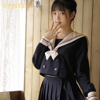 New Hot 2021 Dark Blue Anime Uniform Whale Embroidery Sailor Dress Japanese School Girls JK Uniforms Seifuku Student Outfits