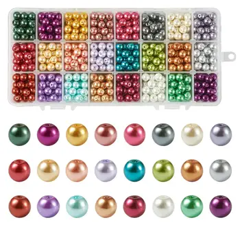 Pandahall mieszane 24 kolory perłowe okrągłe szklane perłowe koraliki do tworzenia biżuterii DIY 6 mm 8 mm, Otwór: 1mm; około 1680 szt./912 szt./karton