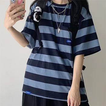 T-shirty z krótkim rękawem kobiety wypoczynek projekt Ins paski kieszenie stylowe popularne All-match Teens Harajuku Tee Clothing Loose Newly