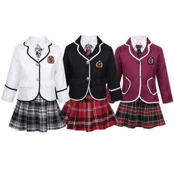 TiaoBug Kids Teens Japanese Anime Cosplay Students Costume Girls British Style School Uniform Coat with Shirt Tie Mini Skirt Set