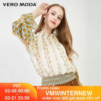 Vero Moda damska koronka elastyczna talia z rękawami 3/4 szyfonowa bluzka | 319358516