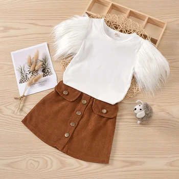 2-8 lat Fashion Kids Girls Baby Clothes Sets Fur Short Sleeve Solid T Shirts Tops Button A-Line spódnice stroje