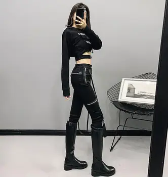 2018 nowa moda błyskawica taśmach legginsy damskie casual spodnie