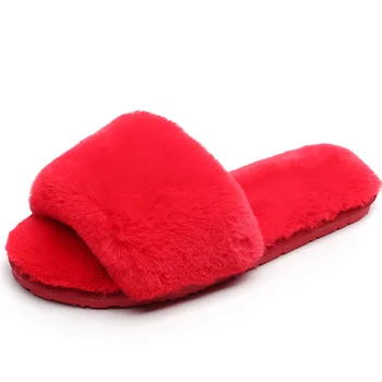 2019 Modne Czerwone Damskie Czarne Pantofle Domowe Pluszowe Kapcie Jesień Zima Buty Damskie Na Płaskiej Podeszwie Wygodne Damskie Futrzane Kapcie