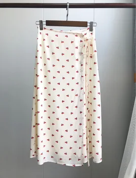 2019 Nowy Elegancki Wrap Jupe Spódnica Kobiety Francuski Wiśniowy Print Wysoka Talia Świeże Midi Spódnica