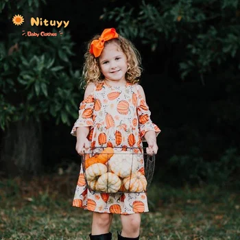 2020 Halloween Baby Girls Clothing kreskówka dynia druku wzburzyć A-line suknia 1-6T odzież z otwartymi ramionami sukienka z krótkim rękawem