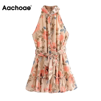 Aachoae Kobiety Kwiatowy Print Boho Sukienka 2020 Lato Bez Rękawów Szyfon Strój Plażowy Z Ramienia Suknia Plisowana Mini Sukienki