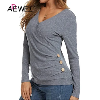 ADEWEL Sexy 2021 europejski, amerykański V neck przycisk nieregularne długie rękawy t-shirt plus rozmiar Mujer Camisetas topy odzież 2XL