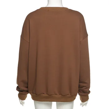 ALLNeon Indie estetyka list Haft Crewneck brązowe bluzki Y2K moda Oversize z długim rękawem bluzy Egirl stroju Vintage