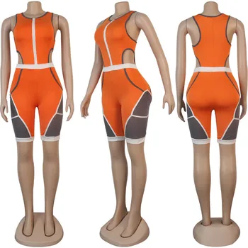 ANJAMANOR Sexy Sport Romper Mesh Patchwork Hollow Out Zipper Bodycon Playsuits and Jumpsuits Fitness One Piece Outfit D35-CD24