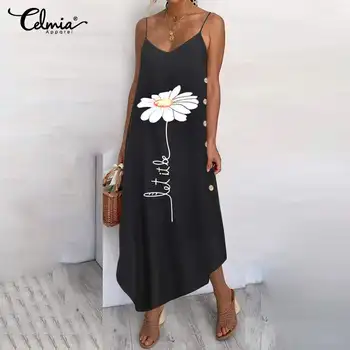 Celmia Fashion Asymmetric Midi Dress Women Printed Dresses Sexy Sleeveless Strap V Szyi Sukienka Letnia Plaża Vestidos Femininas
