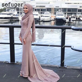 Ciemno-Różowe Muzułmańskie Suknie Wieczorowe Atłasowe Rękawy Długie Rękawy Z Szalikiem Islamski Dubaj Rial Arabski Długi Kolektor Suknia Wieczorowa