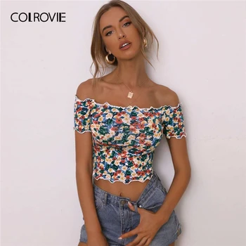 COLROVIE powtarzające kwiatowy print sałatka krawędź Bardot crop top koszulki dla kobiet z krótkim rękawem lato Slim Fit śliczne codzienne t-shirty