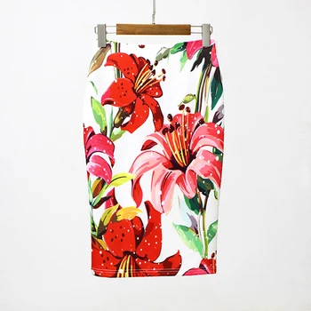 CR damska moda kwiatowy print Wysokiej Talii spódnica ołówek panie kolan Bodycon paczka Saia Jupe Femme