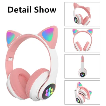 Cute Cat Ear LED Light słuchawki Bluetooth Cat Ears Wireless Headphone TF Headset Hifi Stereo For Girl kid Phone Gift