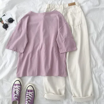 Cyanlee Summer Casual 2 szt. Zestaw dla kobiet 2020 codzienne stałe spodnie zestaw zestaw dwuczęściowy strój fioletowy t-shirt peach + białe spodnie