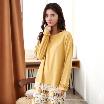 Damska piżama komplet bawełna żółty top + print długie spodnie 2 szt. zestawów dziewczyna moda komfort piżamy zestaw dla kobiet pijama mujer