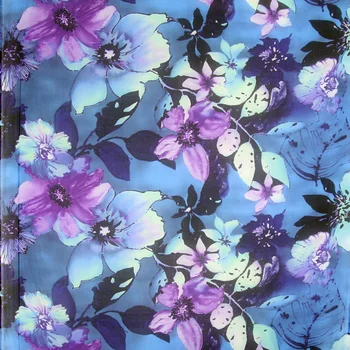 Duży, niebieski i fioletowy kwiatowy print czysty jedwab szyfon jedwabna tkanina na sukienki sheer, SCF160