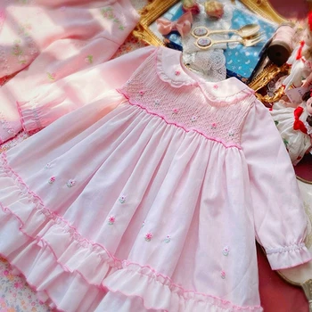 Dziecięce Hiszpańskie Suknie Dziewczyny Handmade Smocked Różowe Bawełnianej Sukni Dzieci Smocking Z Długim Rękawem Haft Kwiat Sukienka Odzież