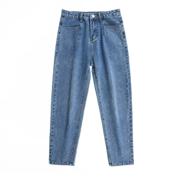 Dżinsy z wysokim stanem miękkie, jeansowe spodnie 2021 jesienne dżinsy Damskie luźne spodnie o długości do kostek niebieskie bluzki spodnie capri 10729