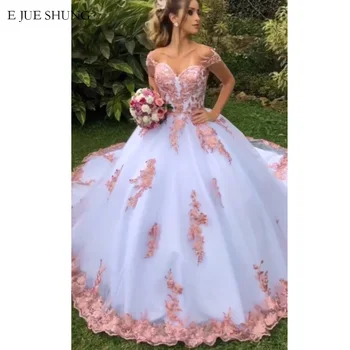 E JUE SHUNG białe i różowe koronkowe aplikacje luksusowe suknie balowe suknie ślubne z otwartymi ramionami suknia suknie ślubne