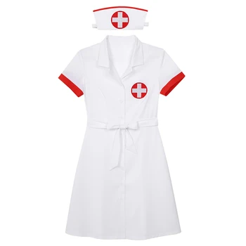 Erotyczne Halloween fancy cosplay kostiumy kobiety niegrzeczny bielizna seksowna pielęgniarka sukienka z paskiem kapelusz mundury strój partii perwersyjne garnitur