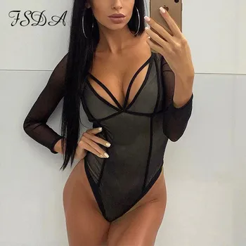 FSDA Sexy Mesh Black Bodysuit Long Sleeve V Neck Women Body Top Jesień Zima Party See Through Club Bodysuits