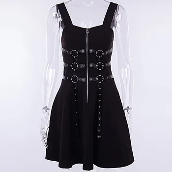 Goth ciemne sukienki oczko stronie błyskawiczny harajuku mini-sukienki grunge lato 2020 bez rękawów backless a-line sexy punk rock