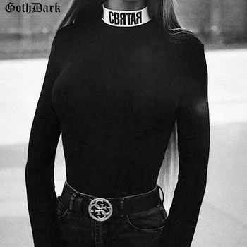 Goth Ciemny Z Długim Rękawem Czarny Damskie Body List Drukowania Chudy Bodycon 2020 Moda Punk Grunge Body Meble Szczupły