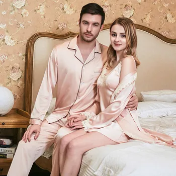 JULY's SONG Couple Pajamas 2 Pieces Woman Pajamas Set Faux Silk Satin Robe & Gown Set Home Wear Women Man Sleepwear пижамный garnitur